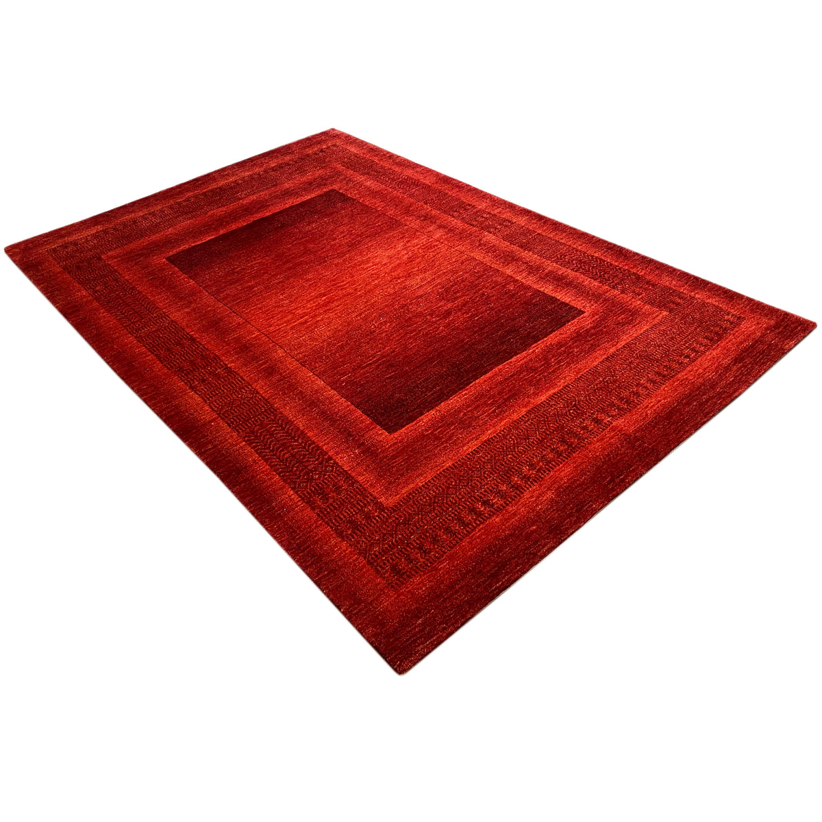 Red Gabbeh-Luri rug with a diamond pattern, inner square, and decorative lines