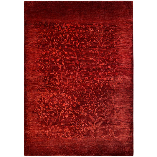 Red Gabbeh rug with floral branch ornaments, rectangular