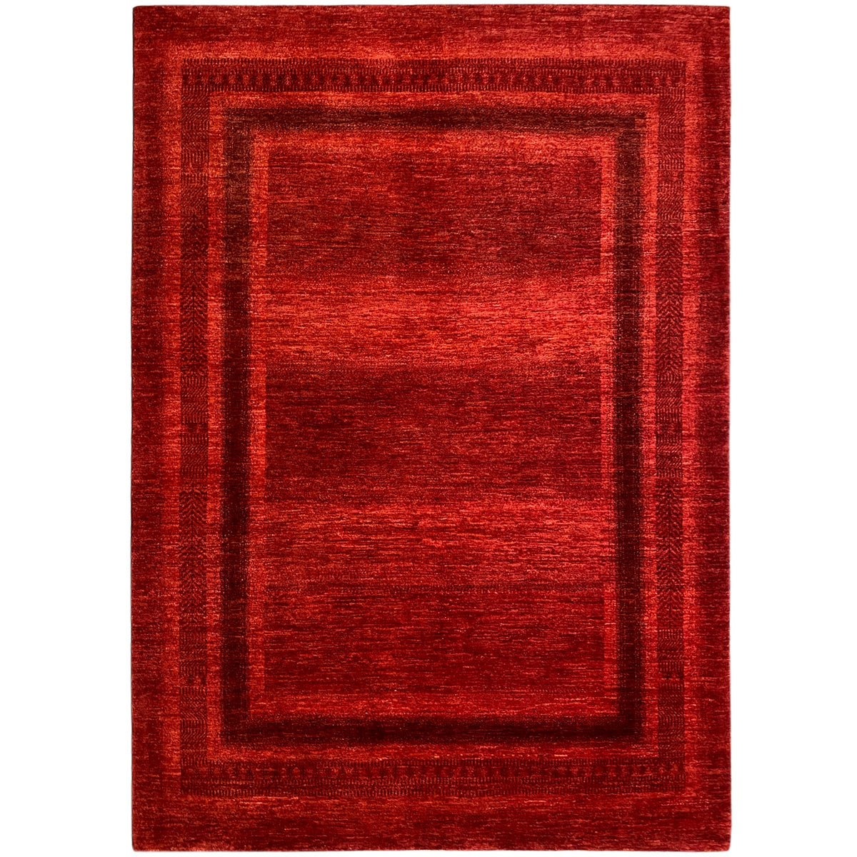 Gabbeh-Luri rug with a red square pattern and a wide decorative border frame