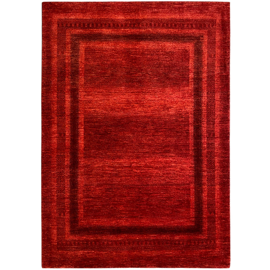 Gabbeh-Luri rug with a red square pattern and a wide decorative border frame