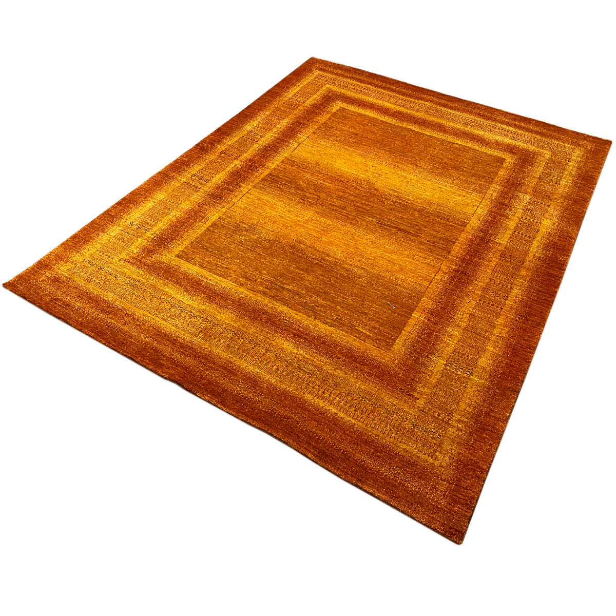 Orange-brown rug with a geometric square border and diamond pattern look