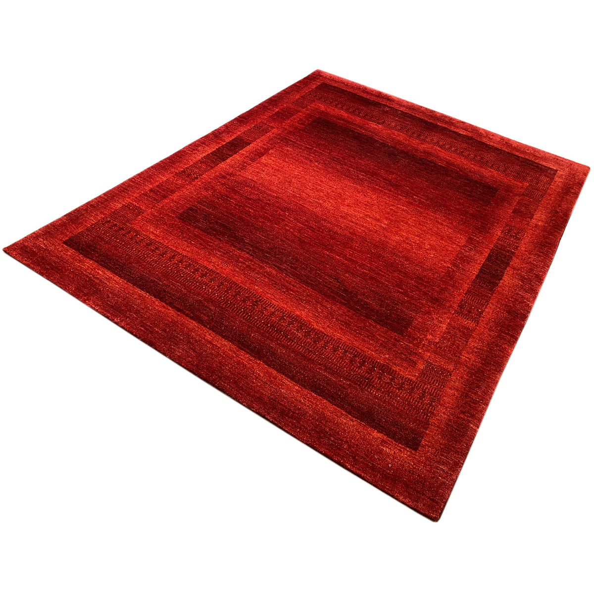 Gabbeh Luri rug with a red gradient, border frame, and square central section