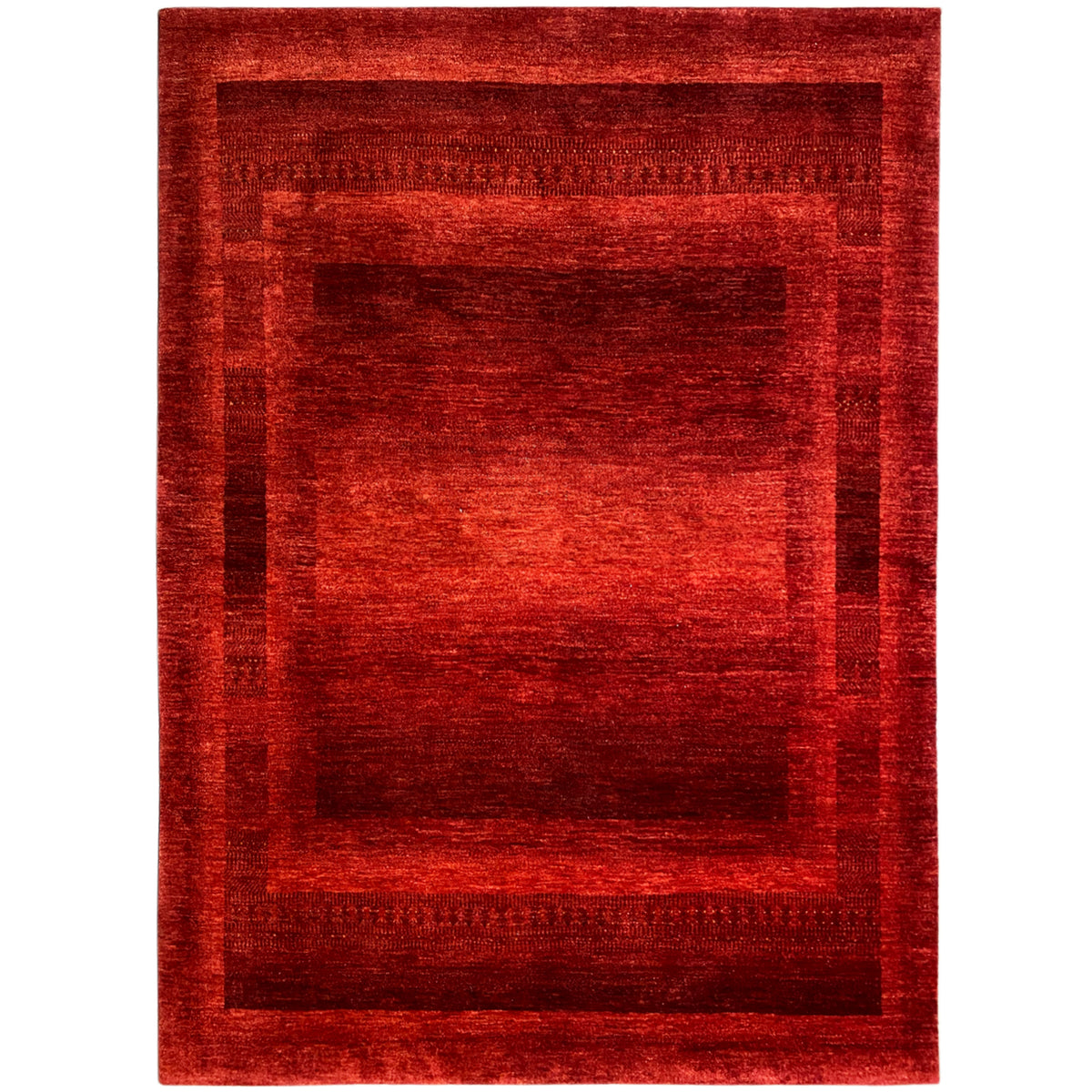 Gabbeh-Luri rug in red with a dark rectangular pattern and surrounding border