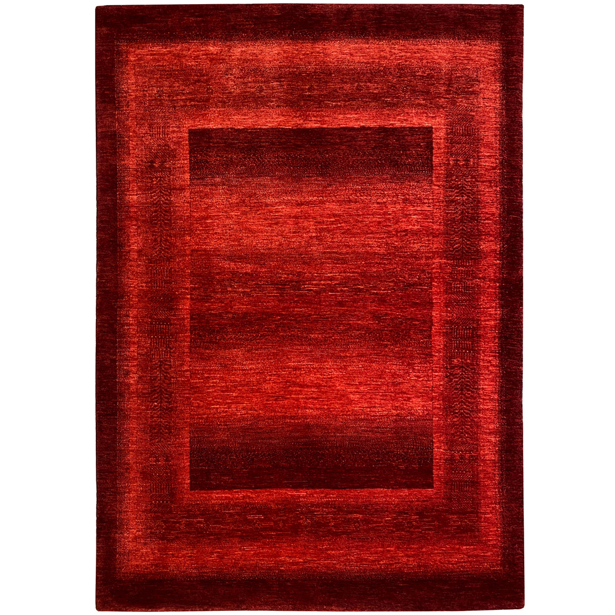 Gabbeh Luri rug in red with a rectangular pattern in the center and finished edges.