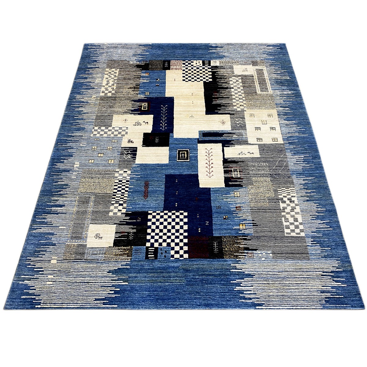 Rectangular Gabbeh rug with abstract patchwork in blue, beige, and gray