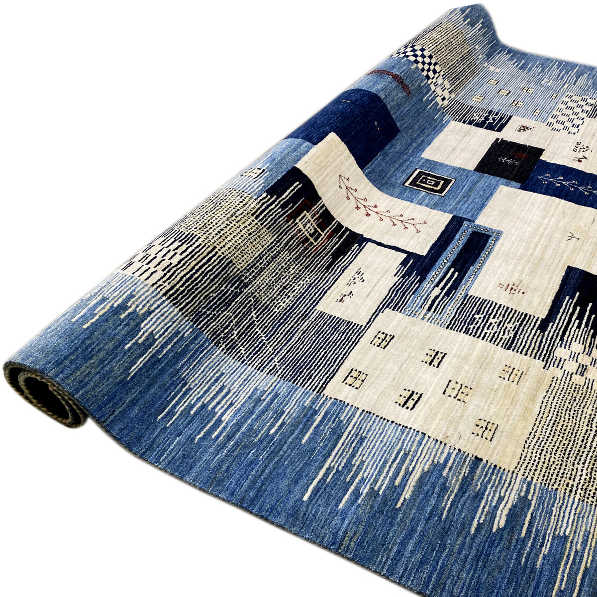 Gabbeh-Luri rug 308x250 cm, blue and white geometric pattern, with a rolled edge