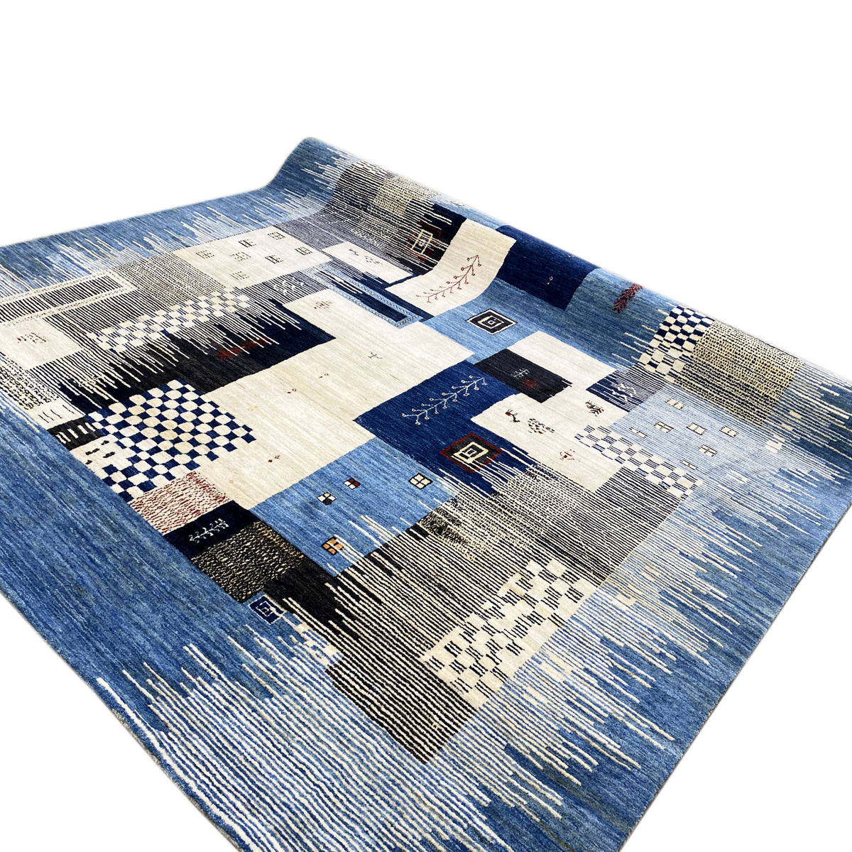 Gabbeh-Luri rug 308x250 cm, blue-beige patchwork look with fine ornamental details