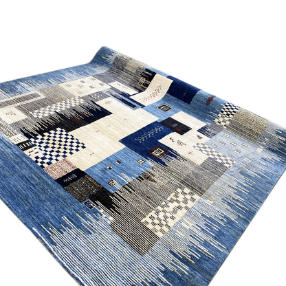 Gabbeh-Luri rug 308x250 cm, blue-beige patchwork look with fine ornamental details