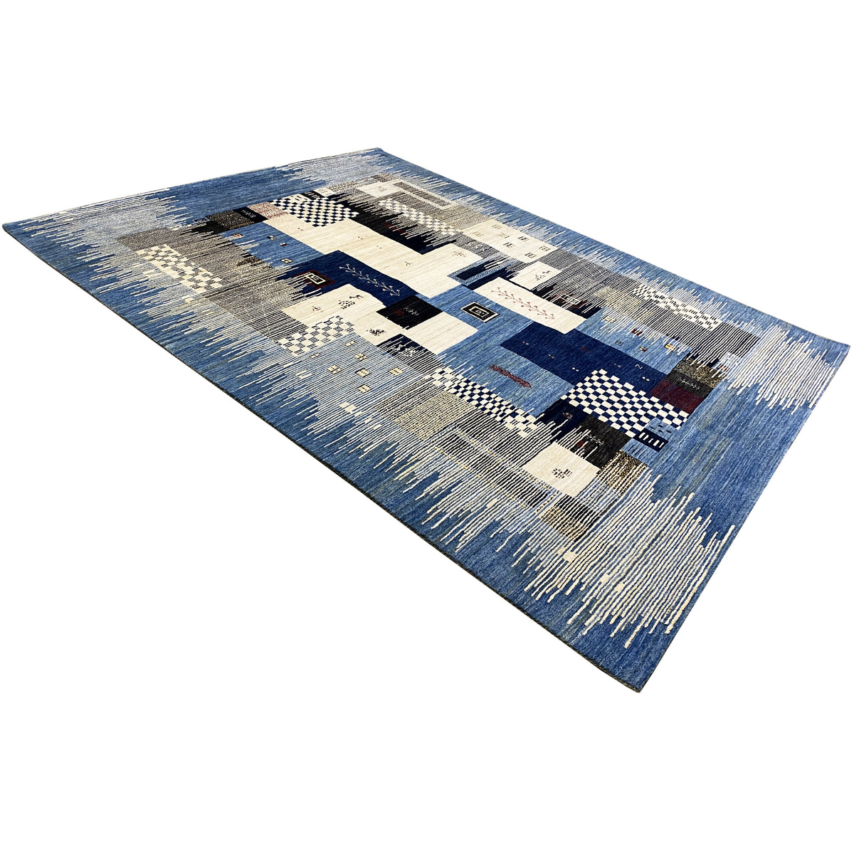 Gabbeh rug with abstract blocks in blue, gray, and cream