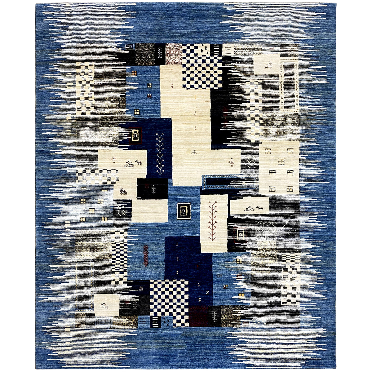 Gabbeh rug with geometric patchwork in blue, cream, gray, and black