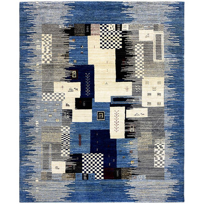 Gabbeh rug with geometric patchwork in blue, cream, gray, and black
