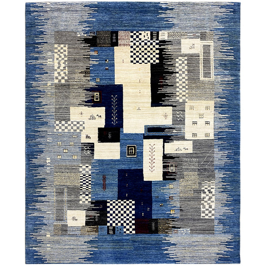 Gabbeh rug with geometric patchwork in blue, cream, gray, and black