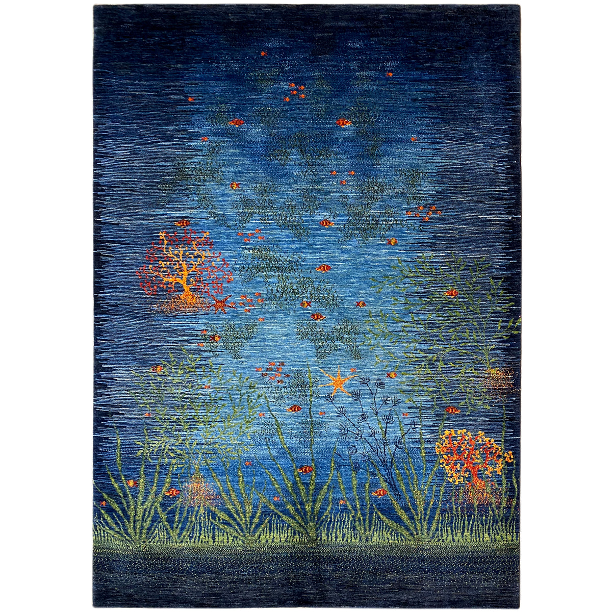 Gabbeh-Luri rug: Blue-green with orange floral motifs, rectangular