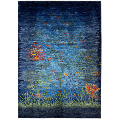 Gabbeh-Luri rug: Blue-green with orange floral motifs, rectangular