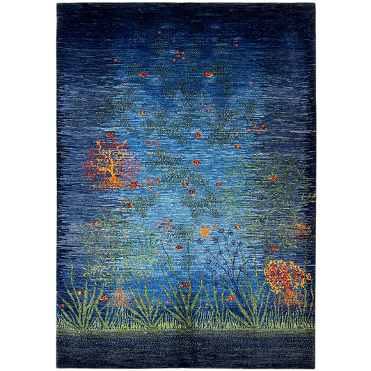 Gabbeh-Luri rug: Blue-green with orange floral motifs, rectangular