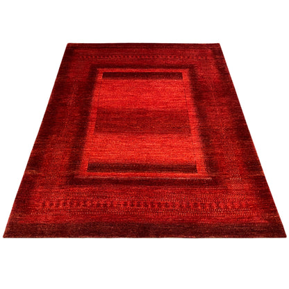 Gabbeh Luri rug, red with a geometric rectangular border, flat-woven, 208x160 cm