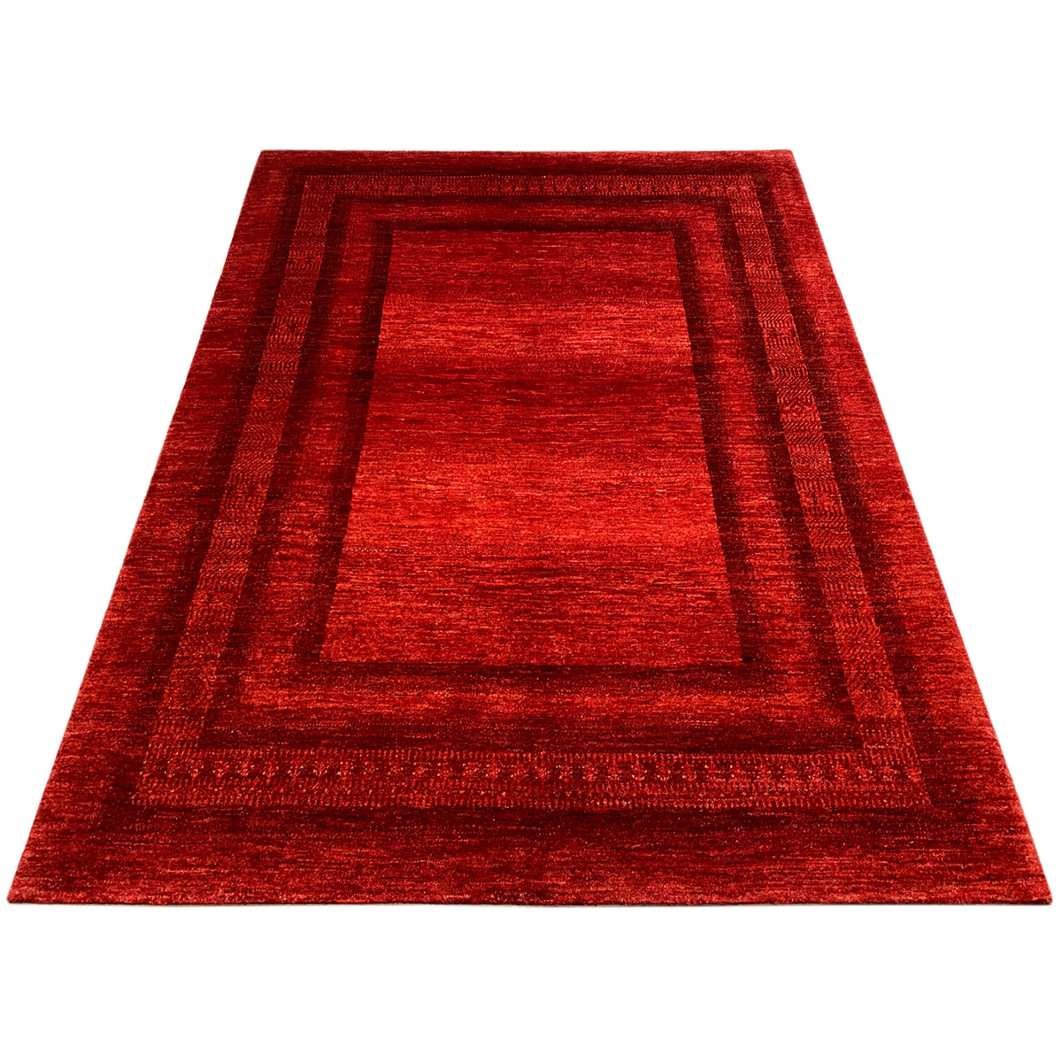 Red Gabbeh-Luri rug with a central rectangle and surrounding decorative borders, 218x156 cm