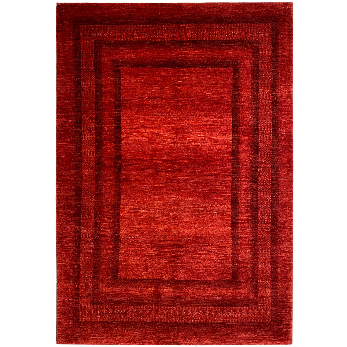 Gabbeh Luri rug with a red field pattern and rectangular decorative border design, 218x156 cm