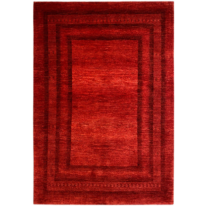 Gabbeh Luri rug with a red field pattern and rectangular decorative border design, 218x156 cm