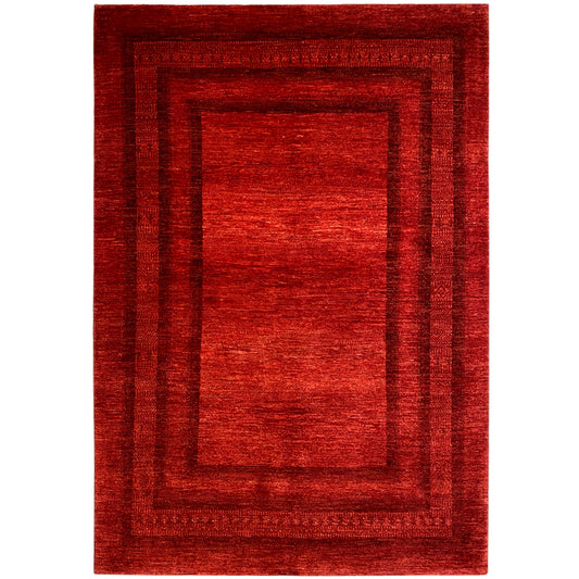 Gabbeh Luri rug with a red field pattern and rectangular decorative border design, 218x156 cm
