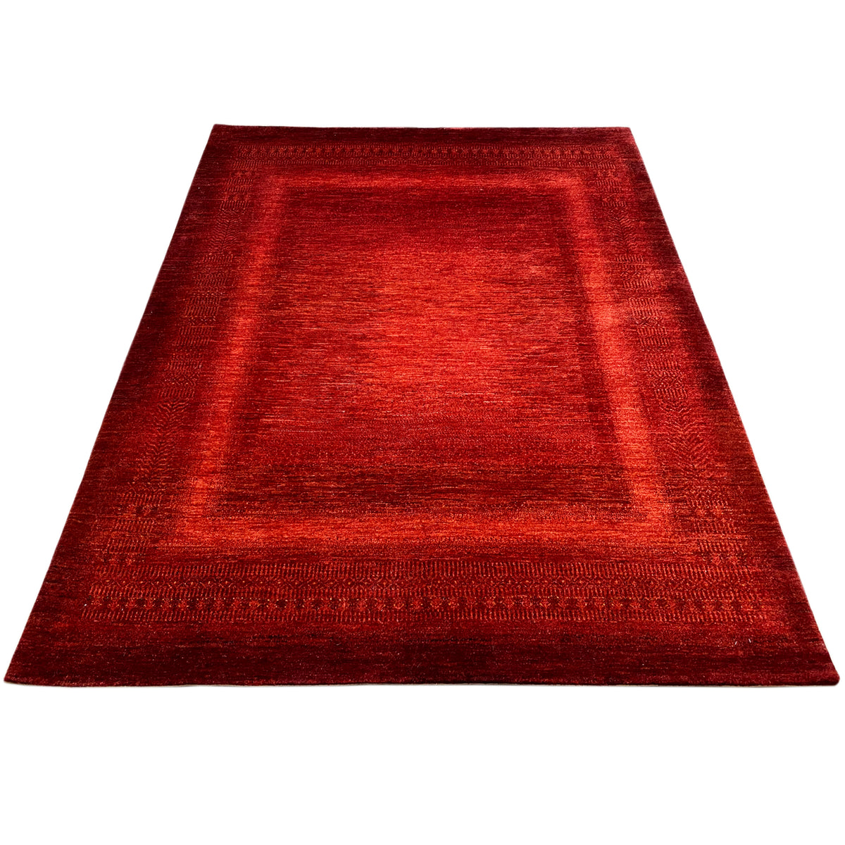 Red rectangular rug with a wide border and an even all-over pattern