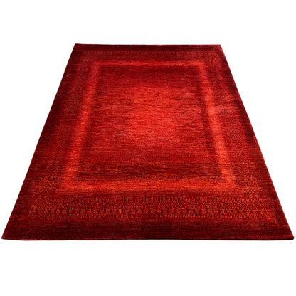 Red rectangular rug with a wide border and an even all-over pattern