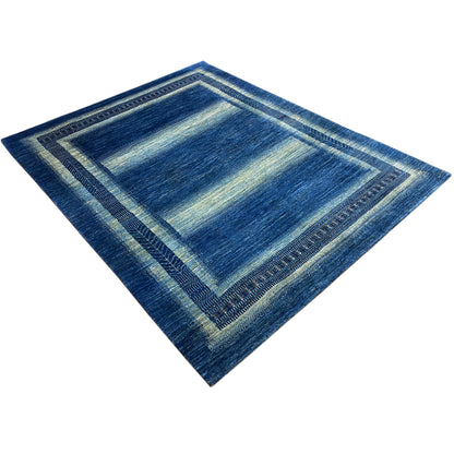 Gabbeh Luri rug, appearing square, blue with a multicolored inner border