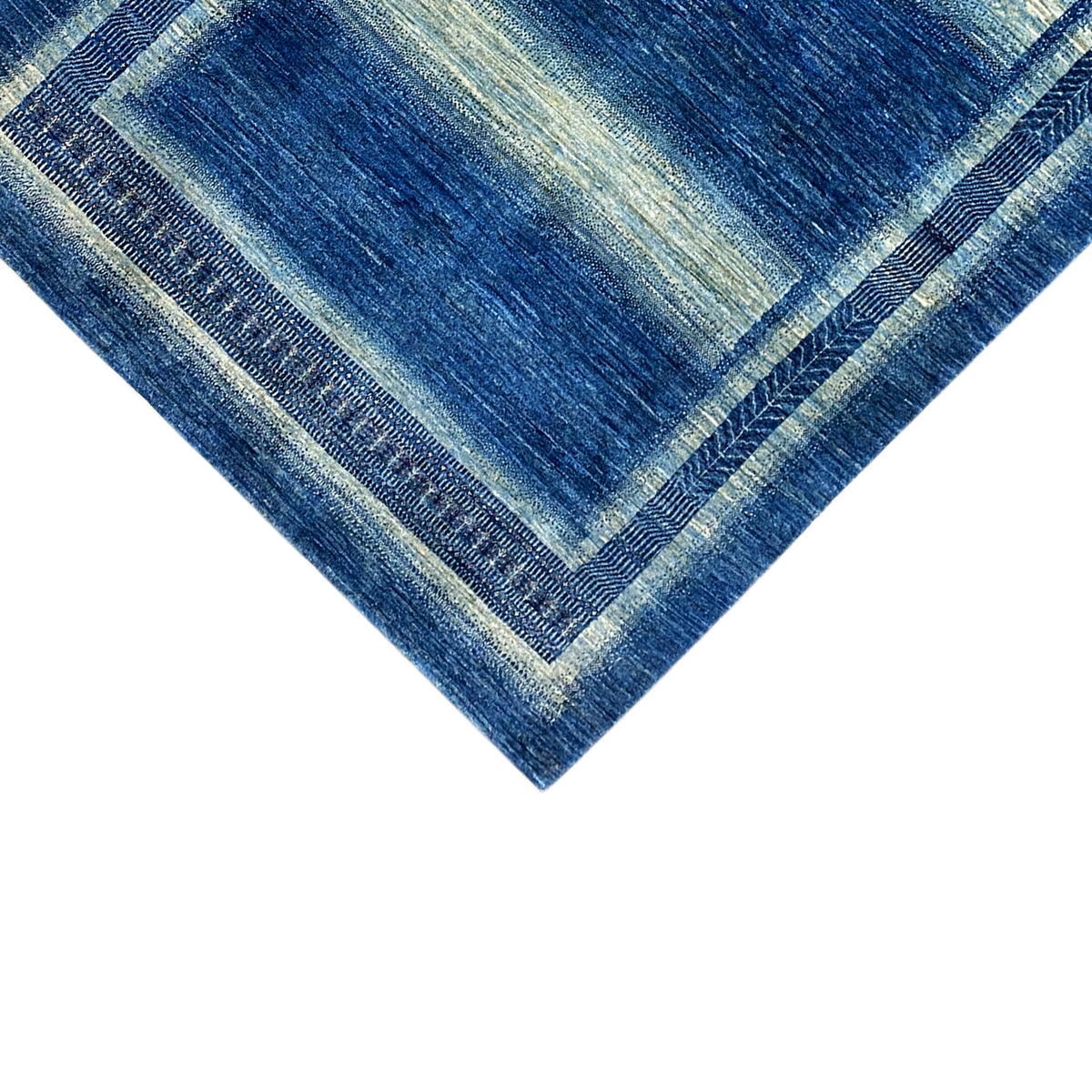 Gabbeh-Luri rug detail, diagonal view, blue with yellowish light lines