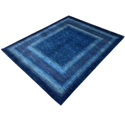 Blue rug with a central square and surrounding border