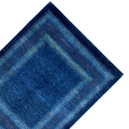 Blue rug with a centered square and surrounding color bands