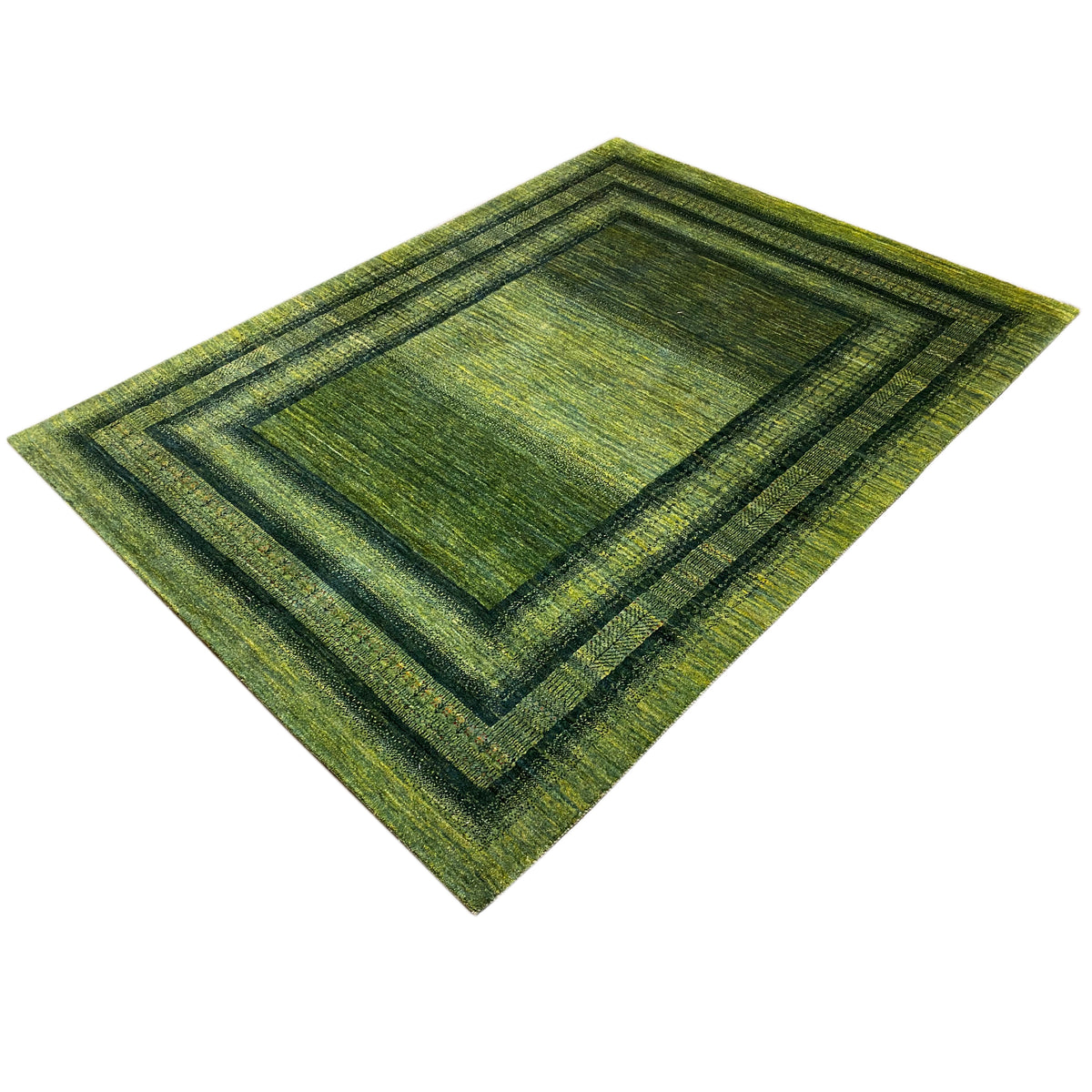 Gabbeh-Luri rug 212x161 cm, diagonal view with green border pattern