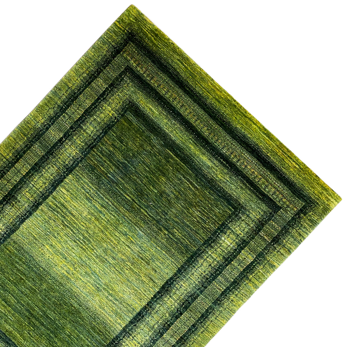 Gabbeh-Luri rug 212x161 cm, corner detail with woven border lines and mottled green