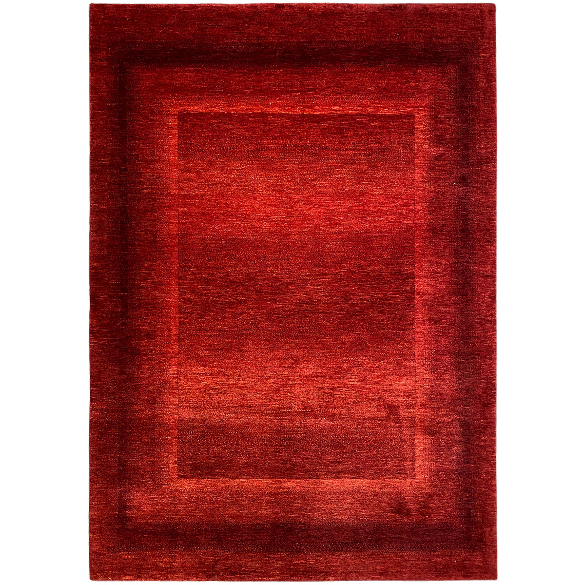 Red rug with a square pattern and bordered frame, rectangular