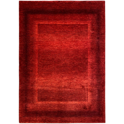 Red rug with a square pattern and bordered frame, rectangular