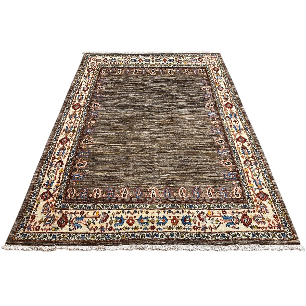 Square Gabbeh-Luri rug with brown pile and an ornate border edge