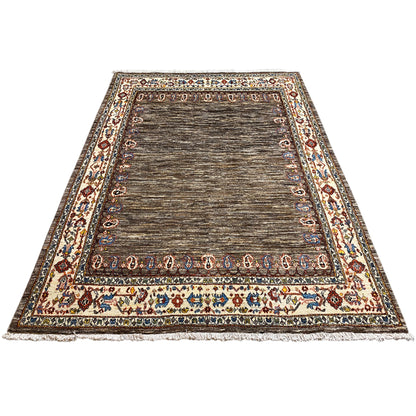 Square Gabbeh-Luri rug with brown pile and an ornate border edge