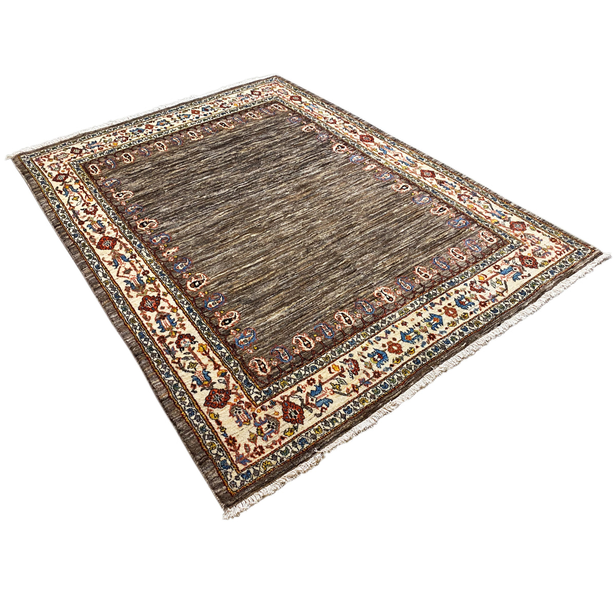 Gabbeh Luri rug with a brown central field and colorful border with corner ornaments