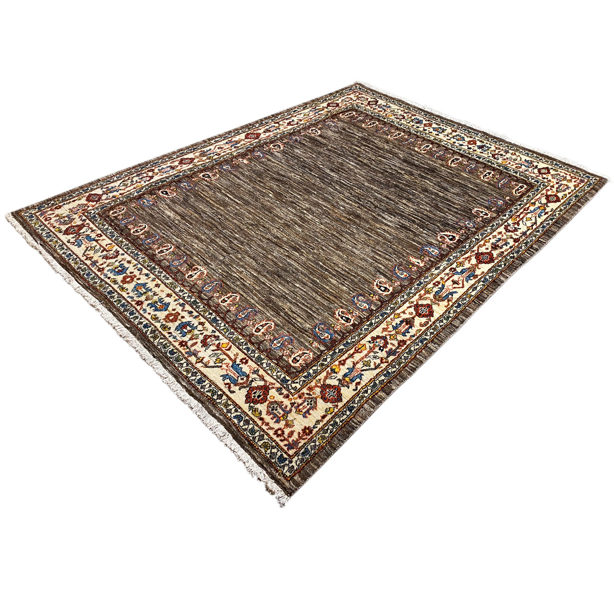 Gabbeh-Luri rug with a brown field and an ornamental border in blue, red, and beige