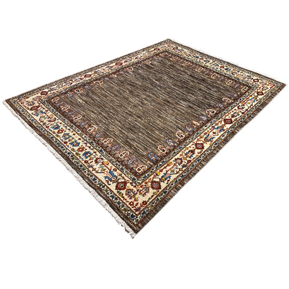 Gabbeh-Luri rug with a brown field and an ornamental border in blue, red, and beige