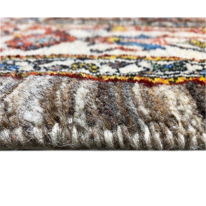 Carpet detail: dense brown pile with a multicolored edge finish and border pattern