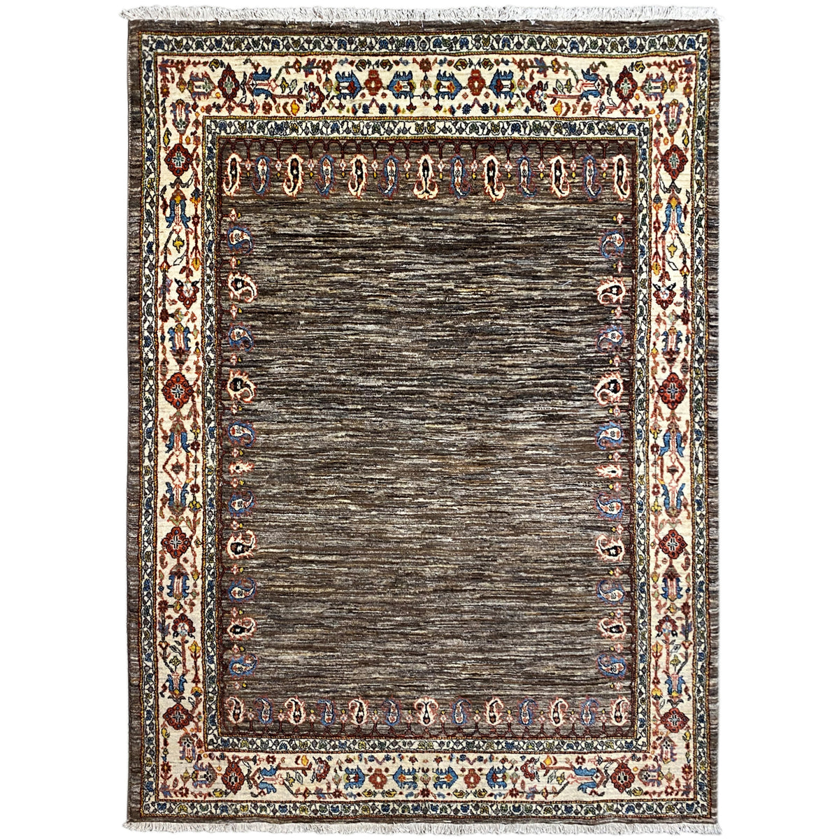 Square Gabbeh-Luri rug with a brown pile and ornamental border, 257×191 cm