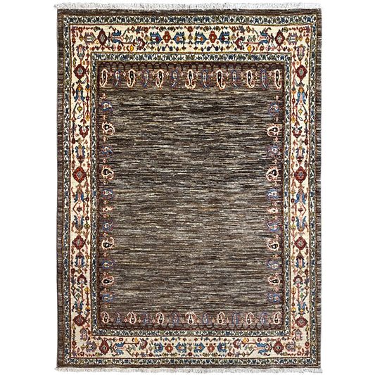 Square Gabbeh-Luri rug with a brown pile and ornamental border, 257×191 cm