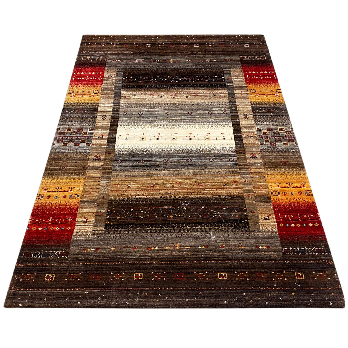 Rectangular rug with a symmetrical central motif in brown, red, and beige