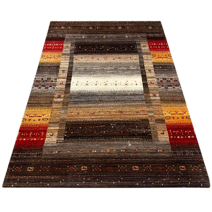 Rectangular rug with a symmetrical central motif in brown, red, and beige