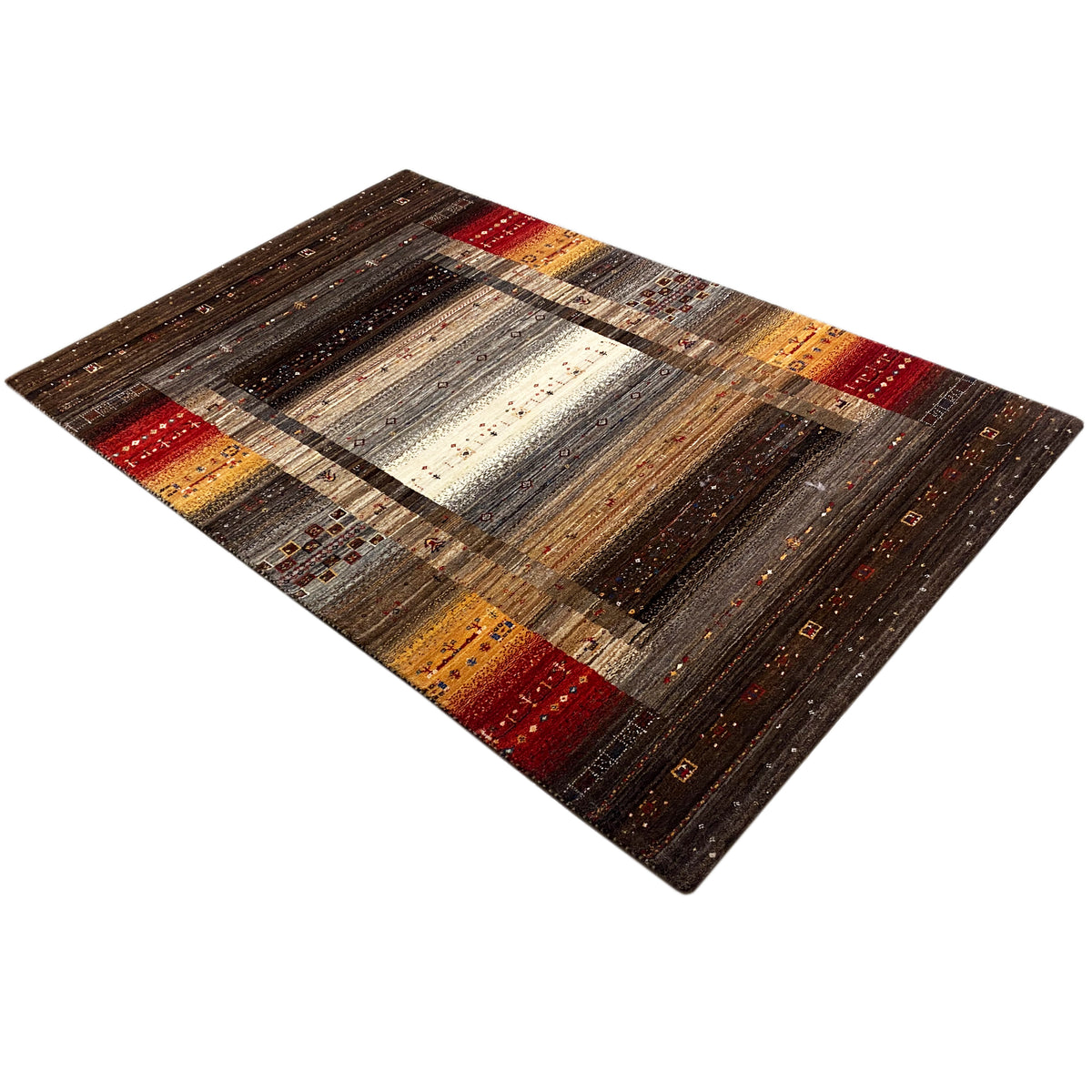 Rug in brown and beige tones with woven stripes and borders in the pattern