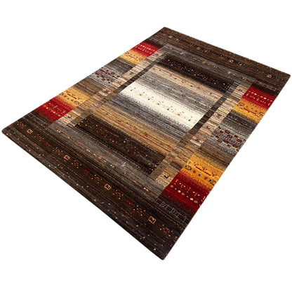Rug with patterned stripes, red and yellow accents, and a gray center