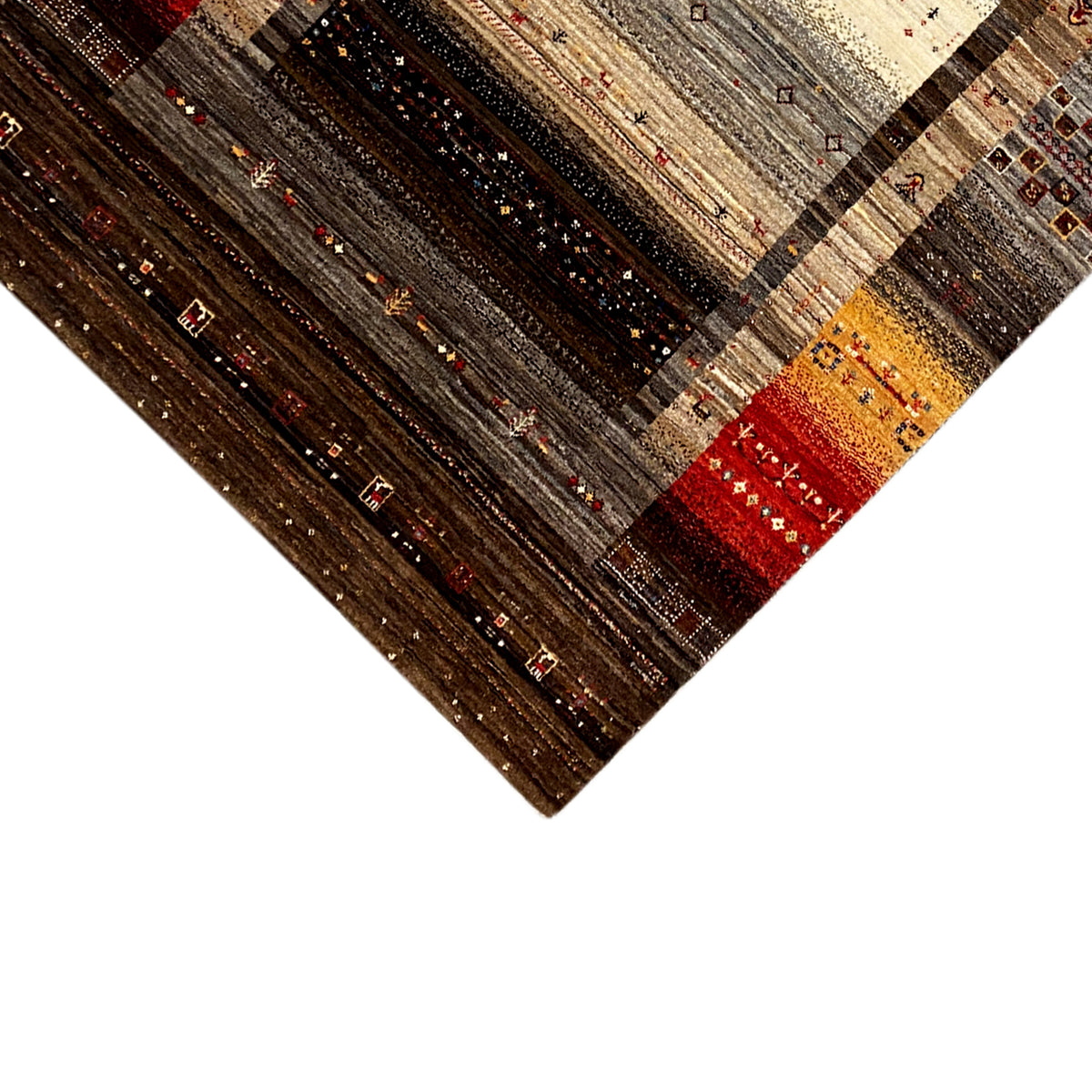 Carpet detail with fine square motifs, a brown background, and red accents