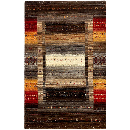 Rug with a square ornamental pattern in brown, red, beige, and gray