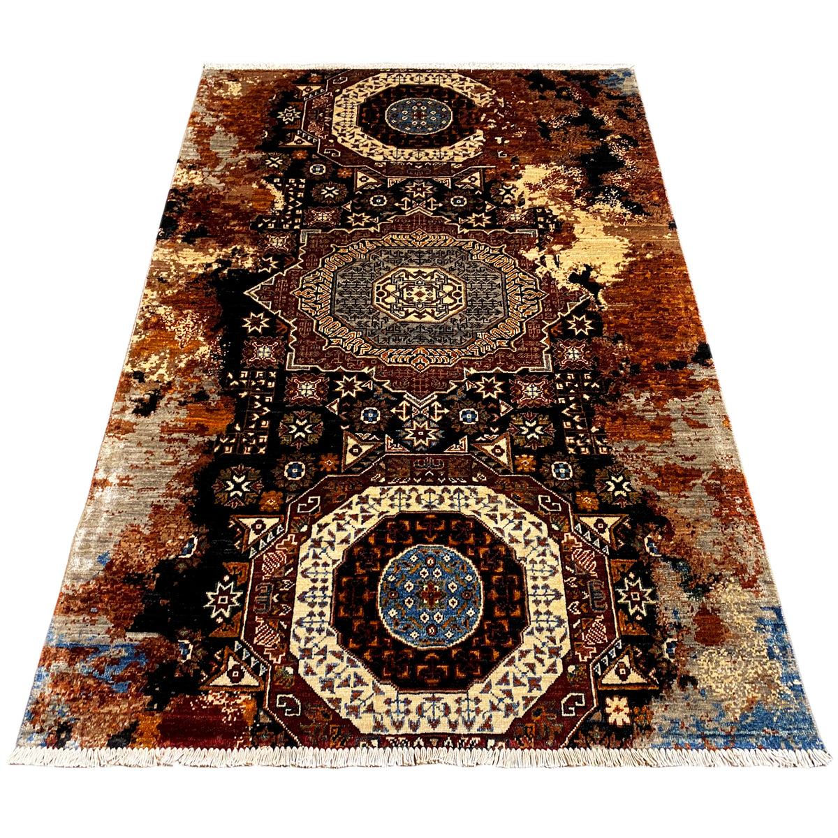 Mamluk rug 184x124 cm, earthy colors: medallions, ornaments, and side fringes
