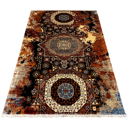 Mamluk rug 184x124 cm, earthy colors: medallions, ornaments, and side fringes